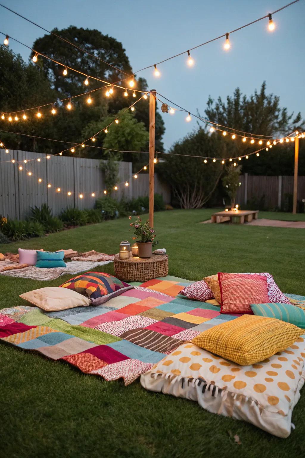 Picnic blankets provide a relaxed and inviting seating arrangement.
