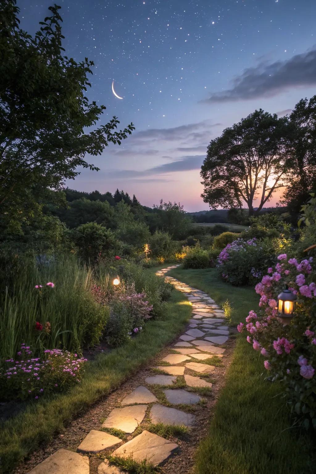 Solar lights amplify the beauty and utility of stepping stone paths.
