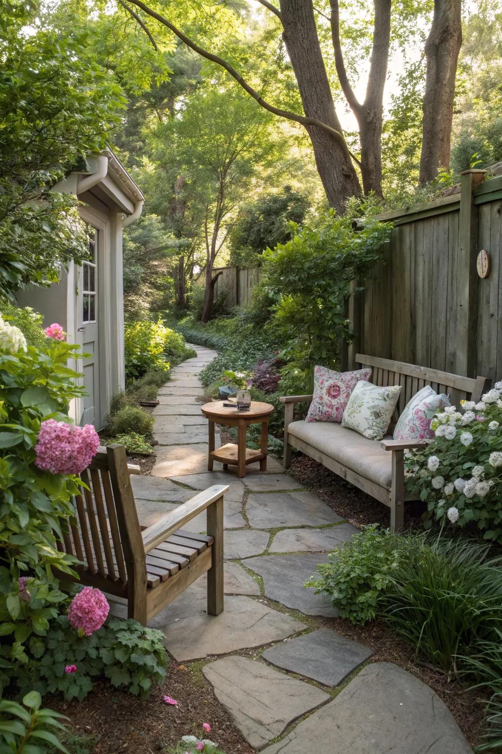 A secluded nook with seating tucked away along a scenic trail.