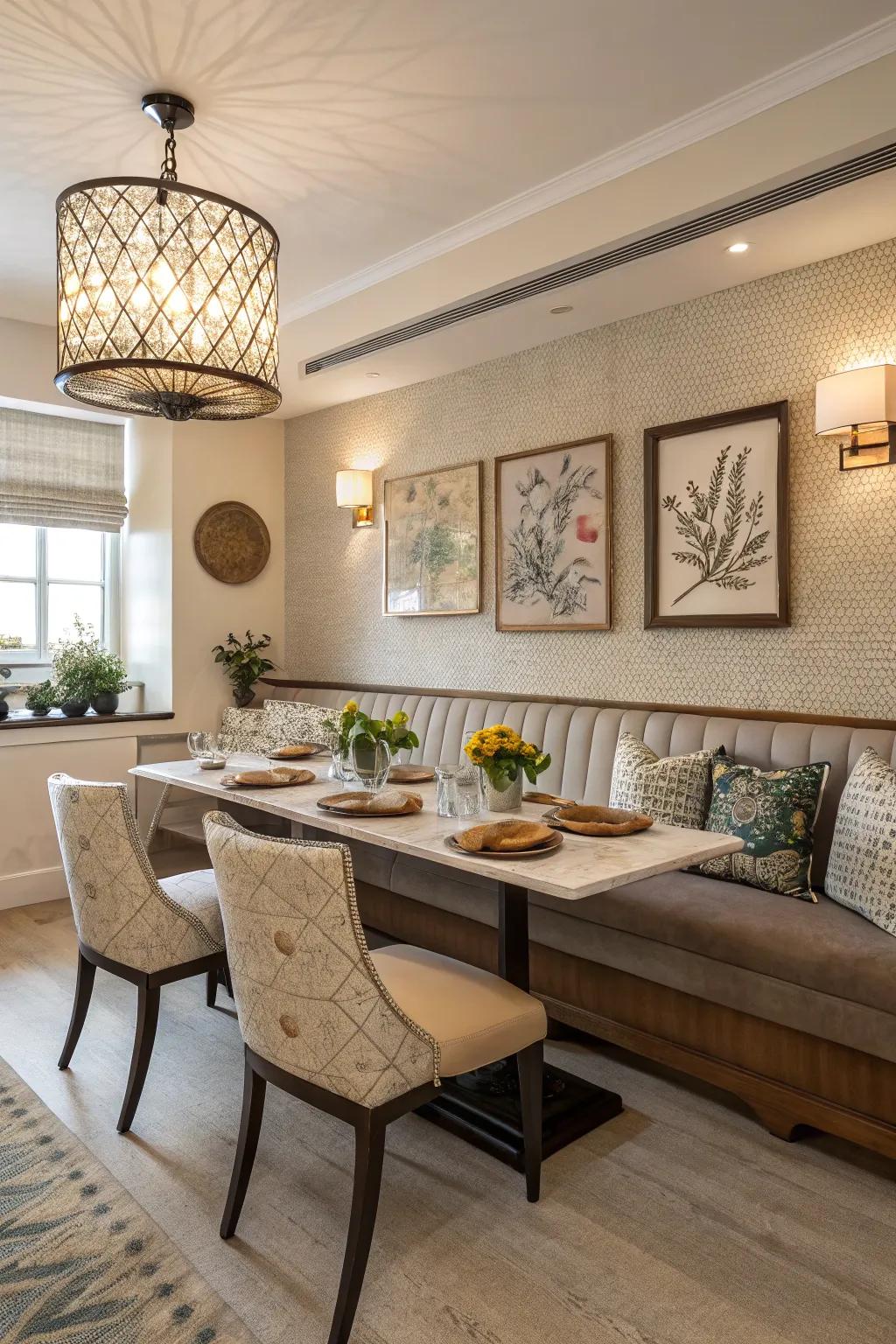 A creatively designed dining room showcases asymmetrical banquette seating.