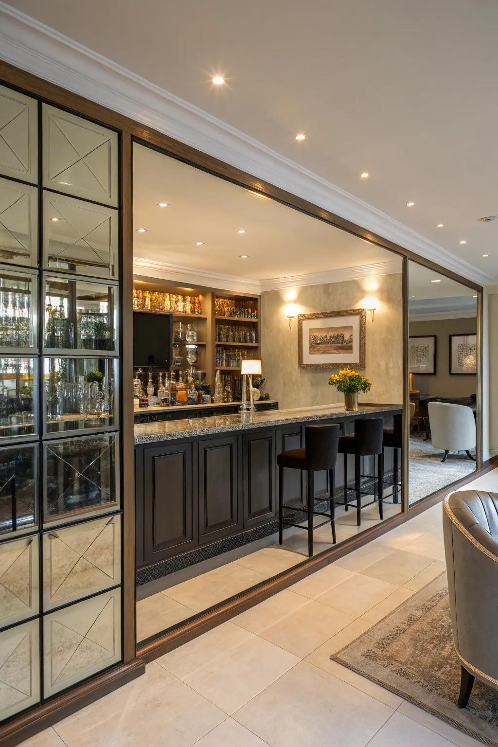 Mirrored panels create a spacious illusion and enhance luxury.