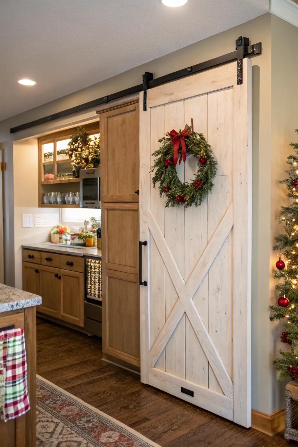 A kitchen featuring a sliding barn door pantry adorned with a seasonal wreath.
