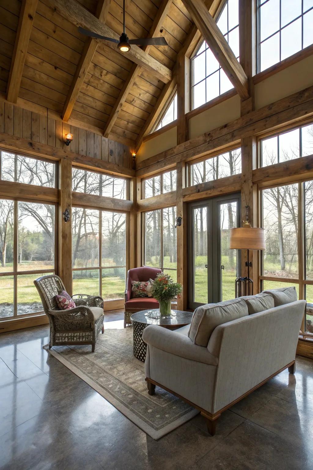 This wonderful barndominium features a light and airy glass-enclosed room.