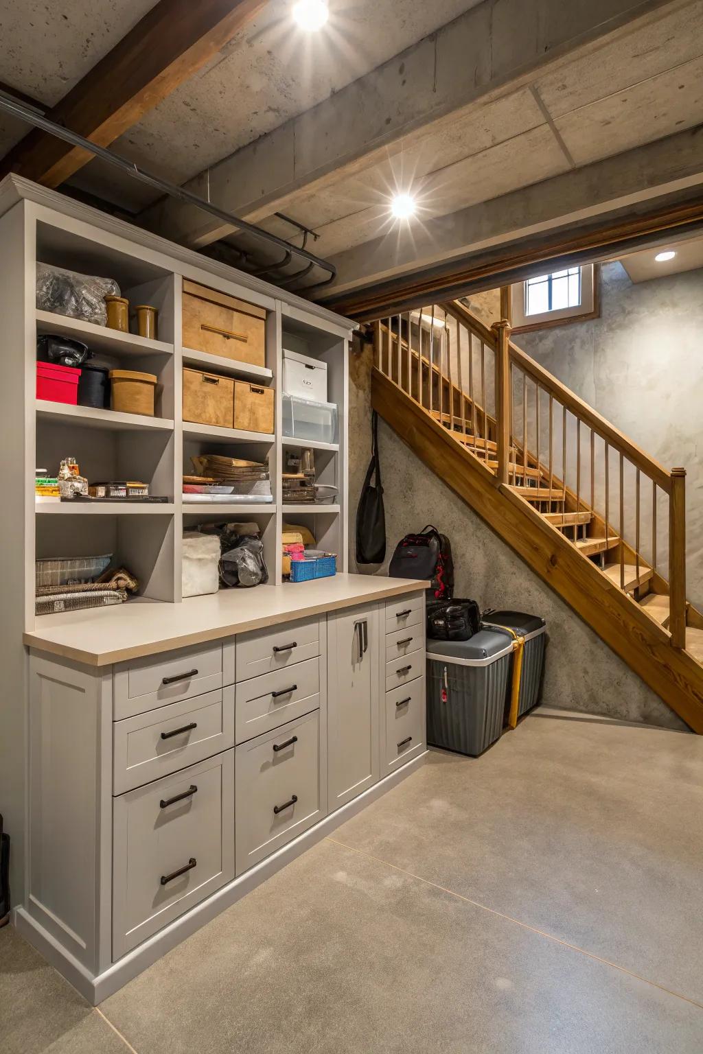 Under-stair storage takes advantage of otherwise wasted space.