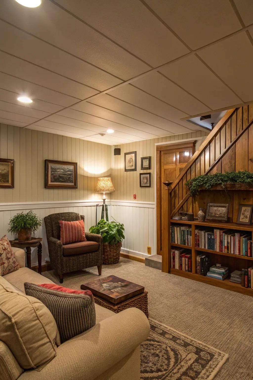 Basement interiors gain texture and charm from beadboard paneling.