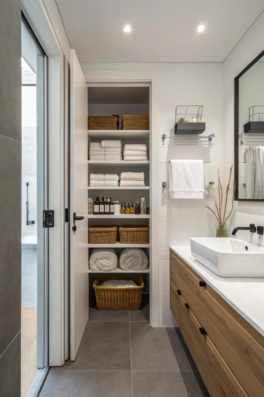 Open shelving provides easy access and a minimalist style.