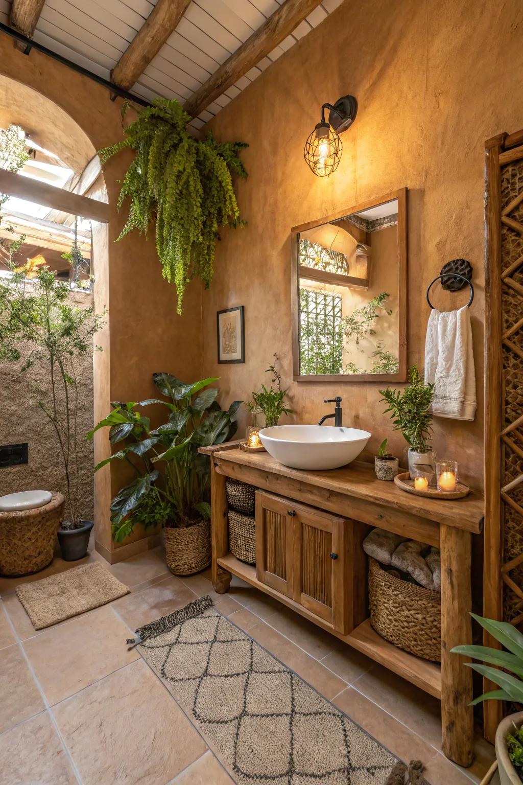 Hot natural tones fashion a welcoming and pleasant restroom ambiance.