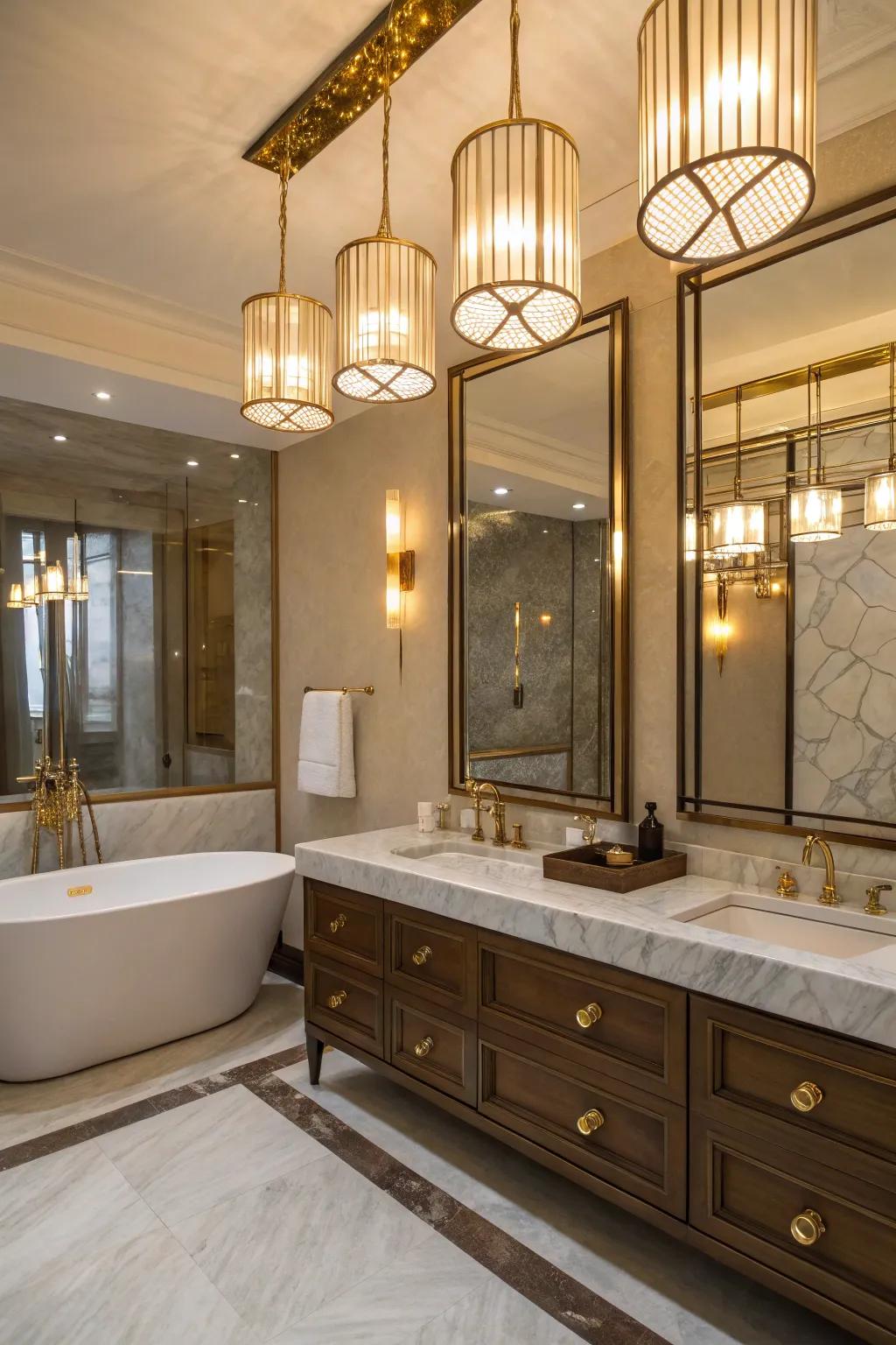 Metal highlights impart warmth and opulence to bathroom illumination.