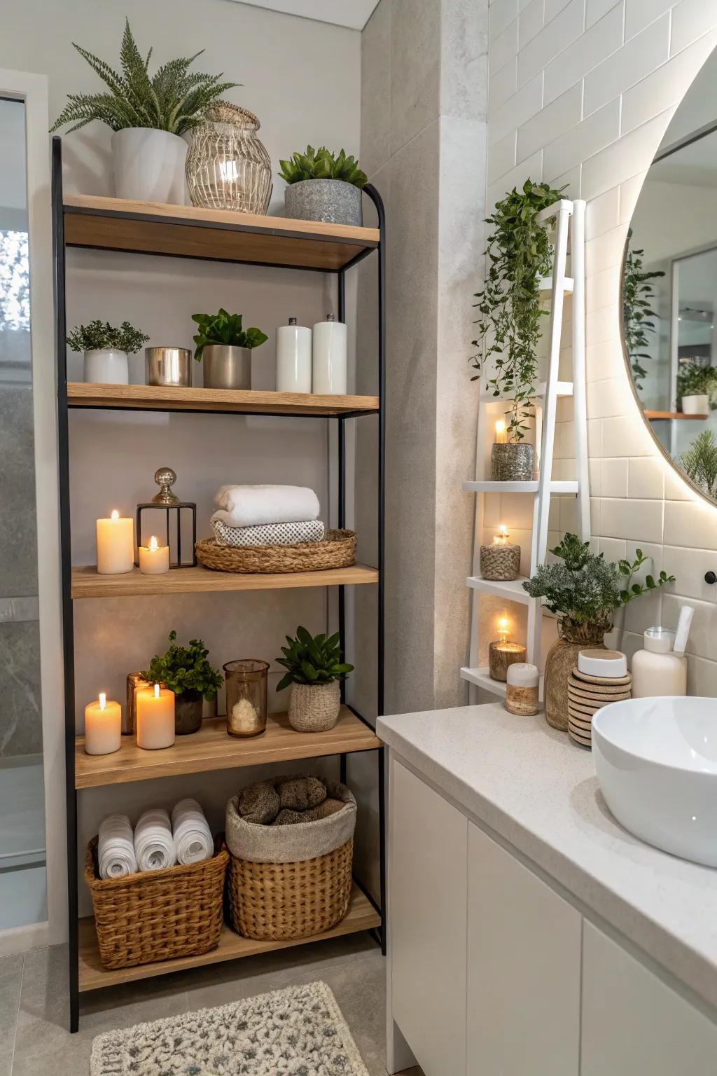 Elevated shelving adds visual appeal and optimizes storage.