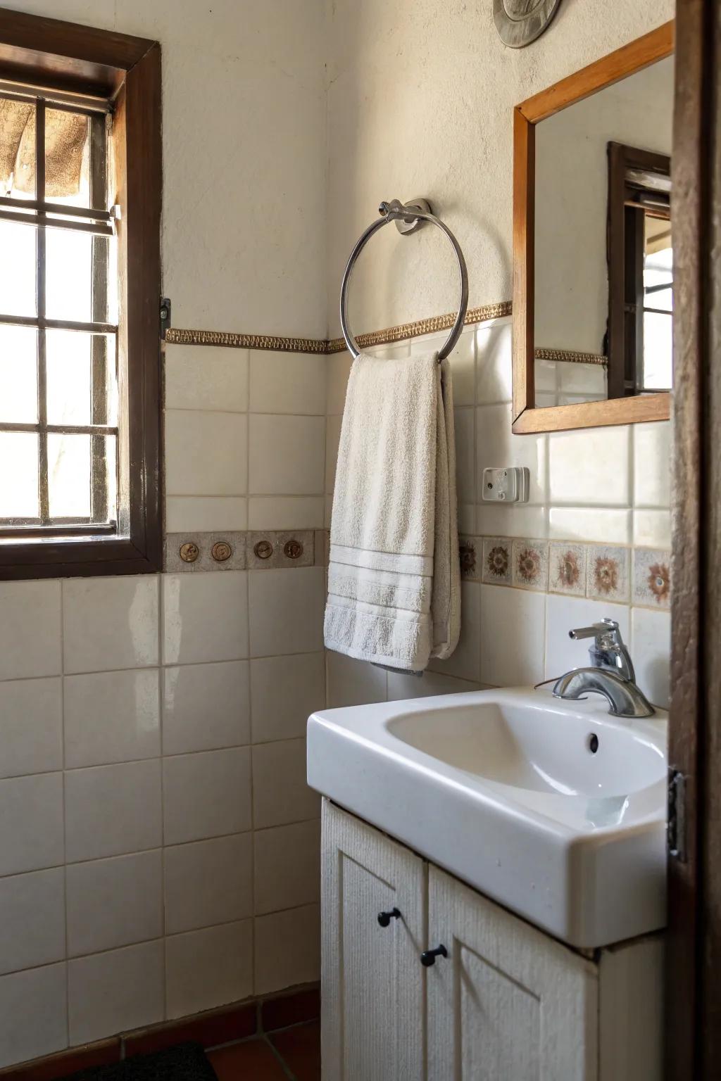 Save space with a small towel ring for your hand towels.
