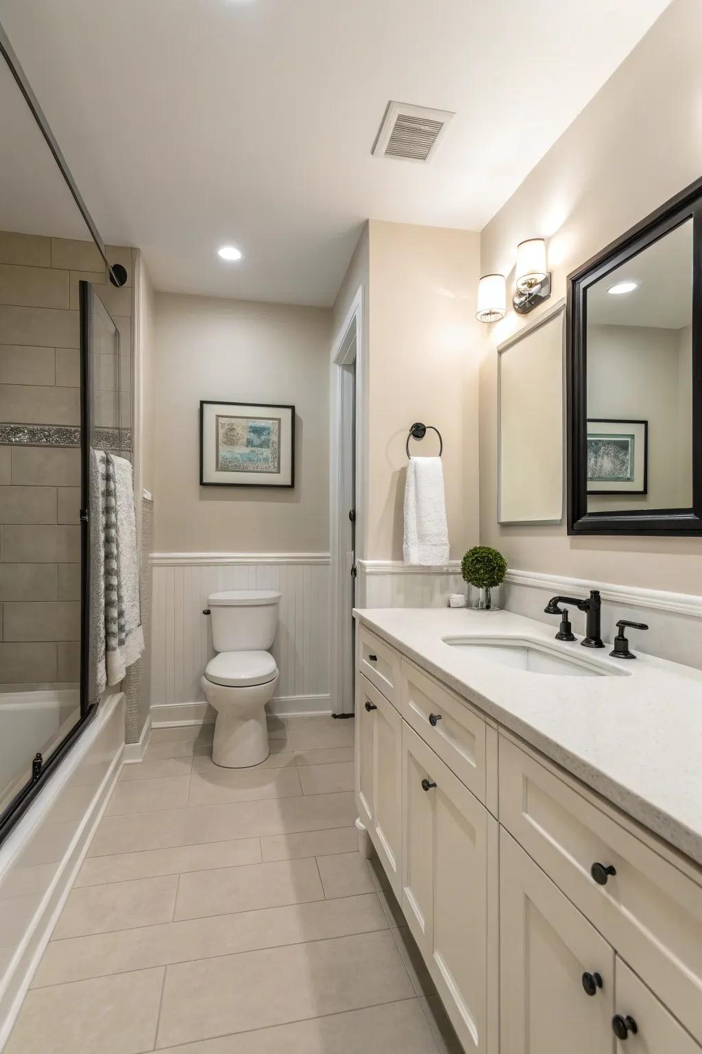 Sleek, minimalist trim enhances a clean, contemporary bathroom.