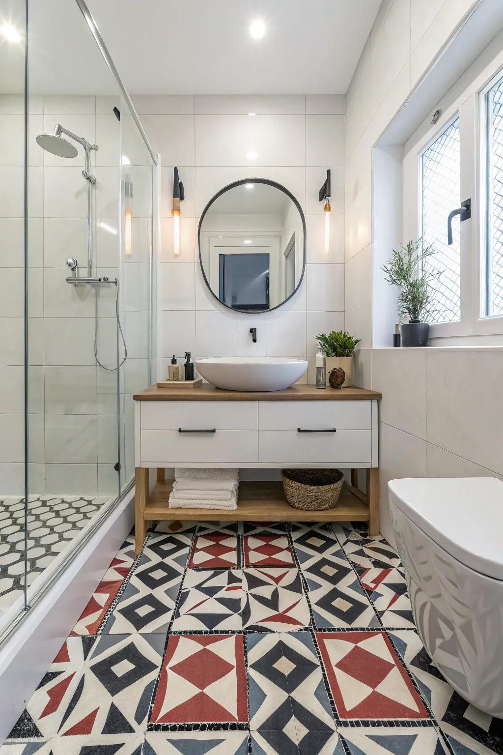 Geometric floor covering brings a bold, artistic flair to this bathroom.