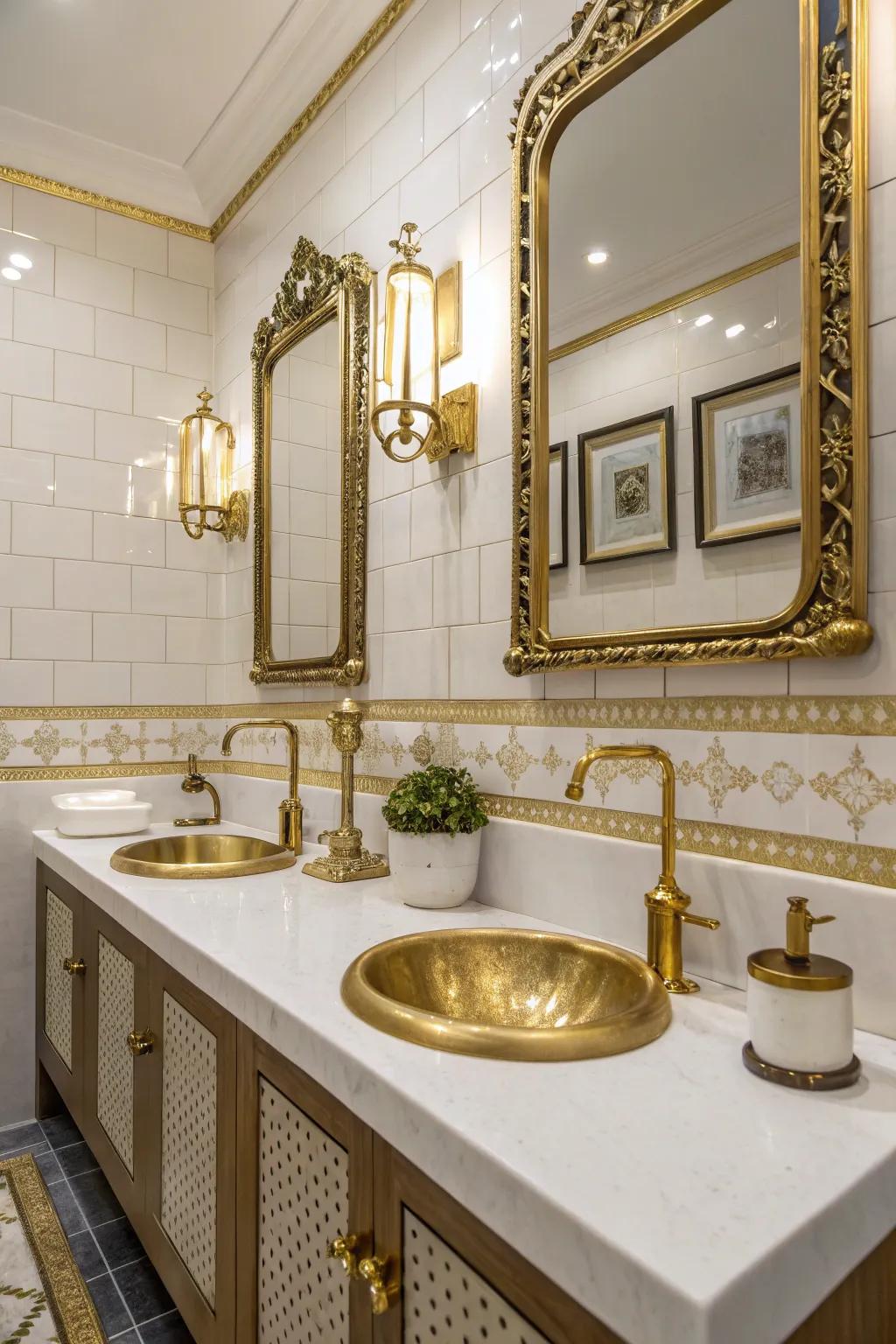 Gilded and bronze embellishments contribute beauty to restroom walls.