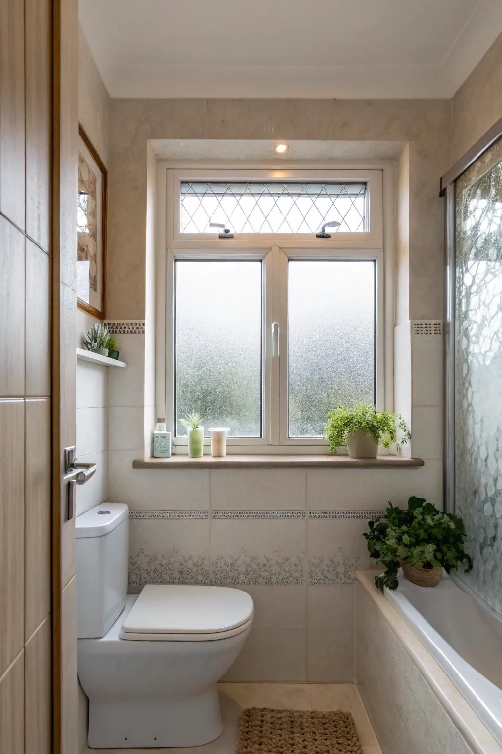 Contemporary yet discreet: Protective coating provides a sleek bathroom window feature. 🔒 #PrivacySolutions #SleekDesign