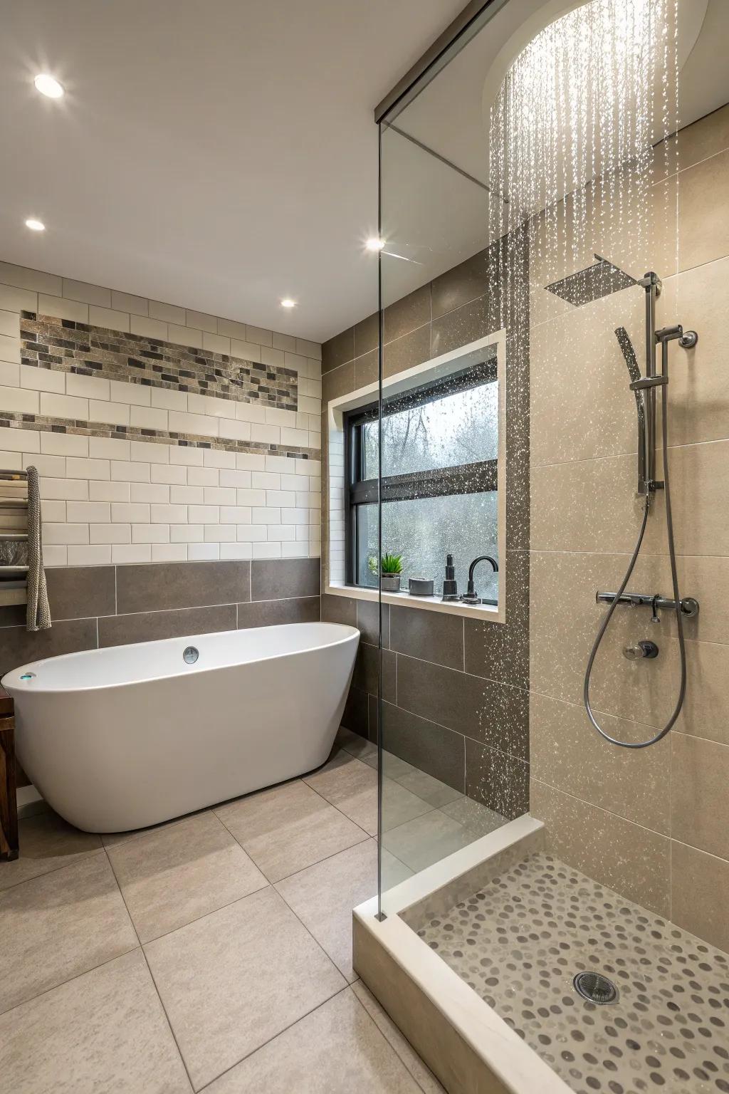 Splash zone strategy encouraging a wide-open and uniform bathroom design.