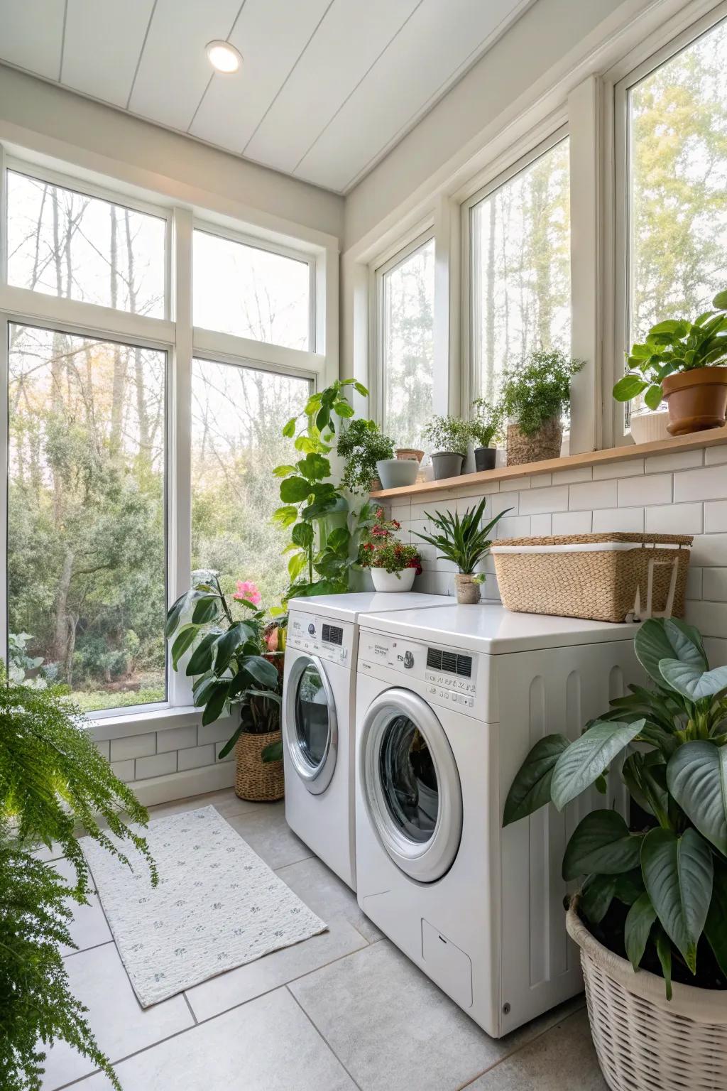 Greenery brings a natural, serene element to the laundry space.