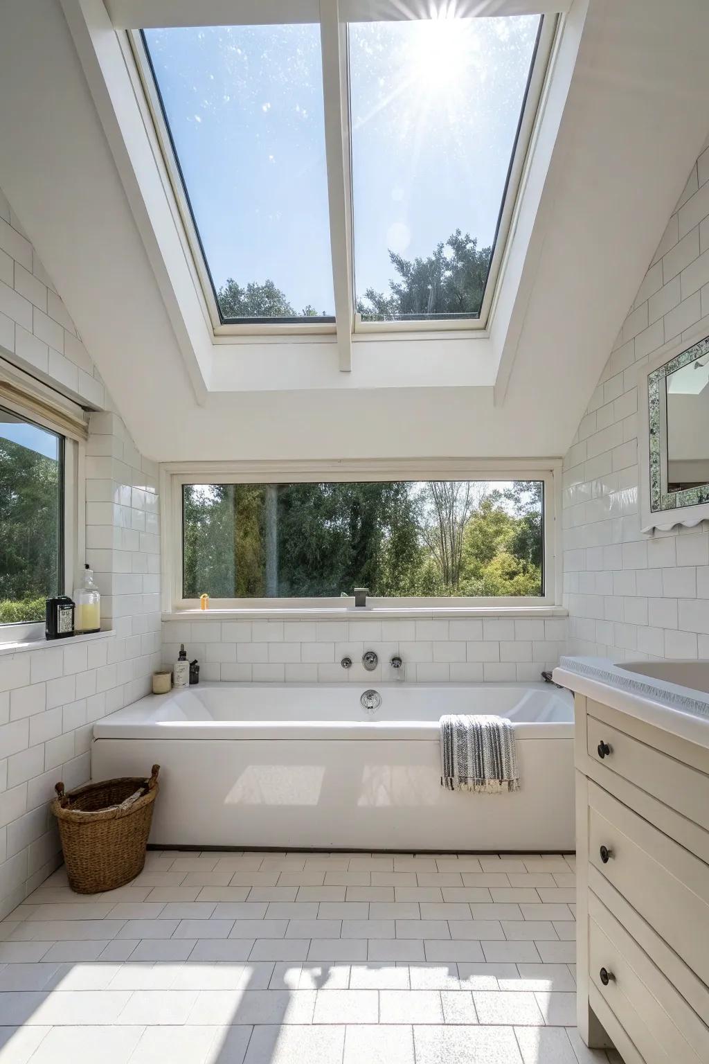 Sun light from a skylight enhances the ambiance of this bathroom.