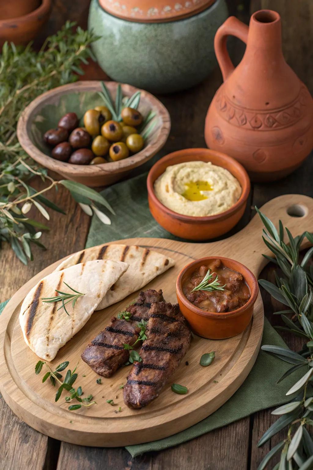 A savory Mediterranean Mezze BBQ arrangement.