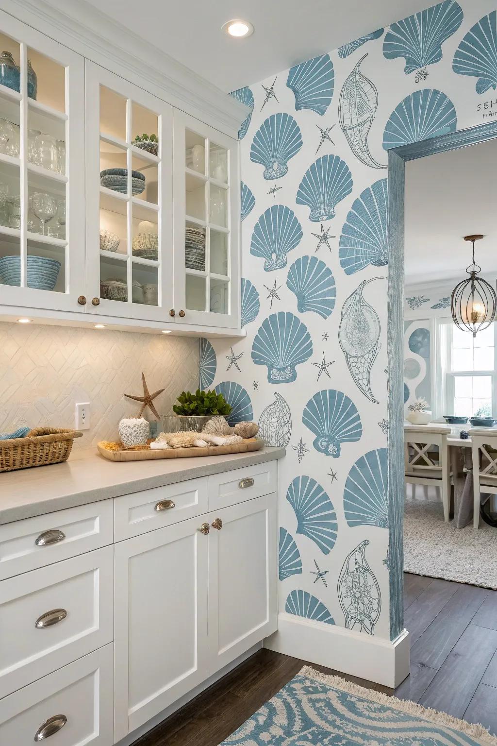 Infuse coastal charm into your kitchen with seashell-patterned wallpaper.