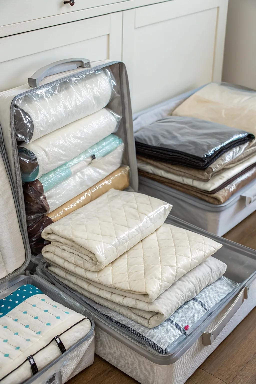 Airless pouches save area and shield your sheets.