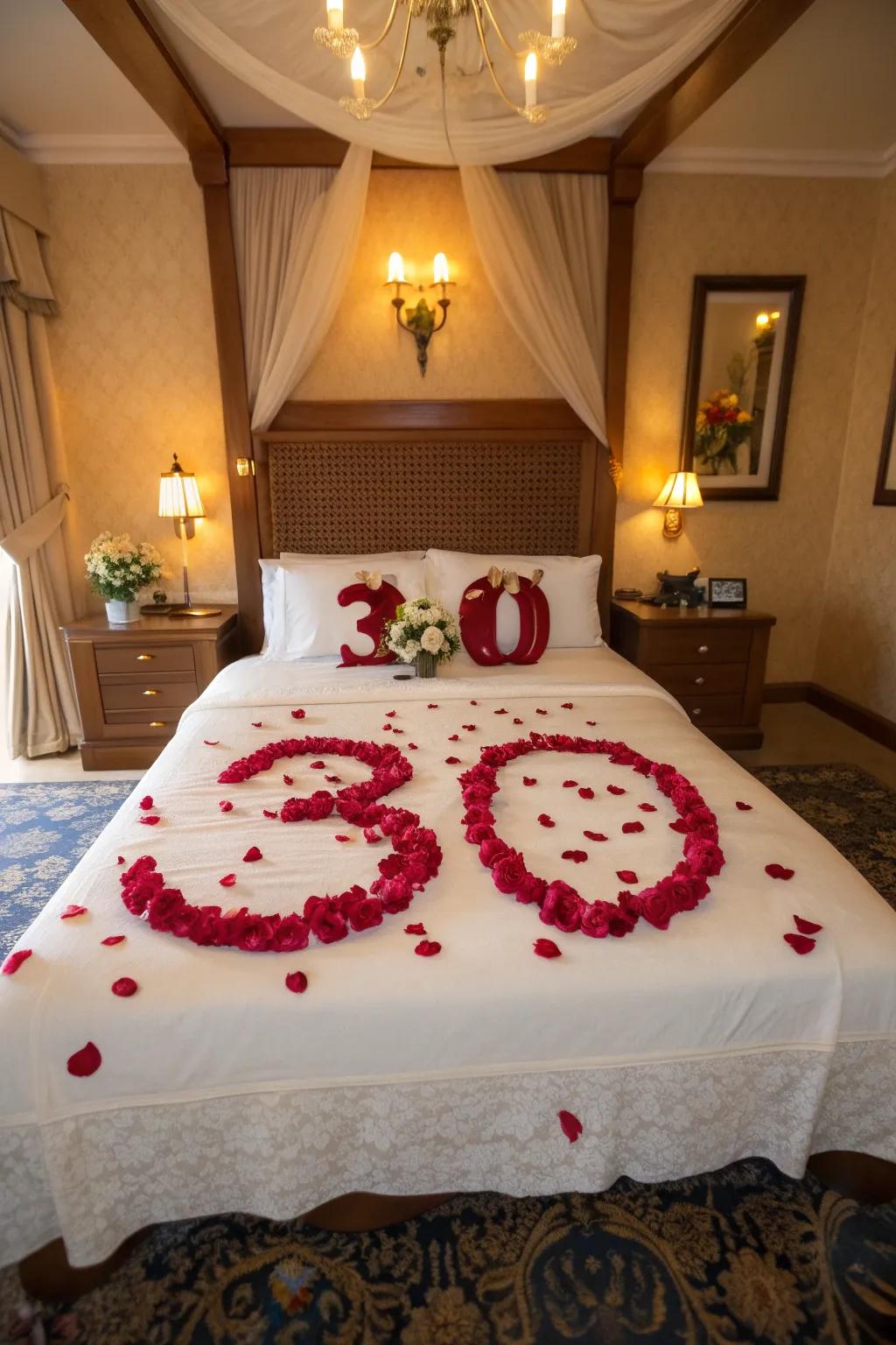 A sincere anniversary celebration with rose petals arranged in meaningful numbers.