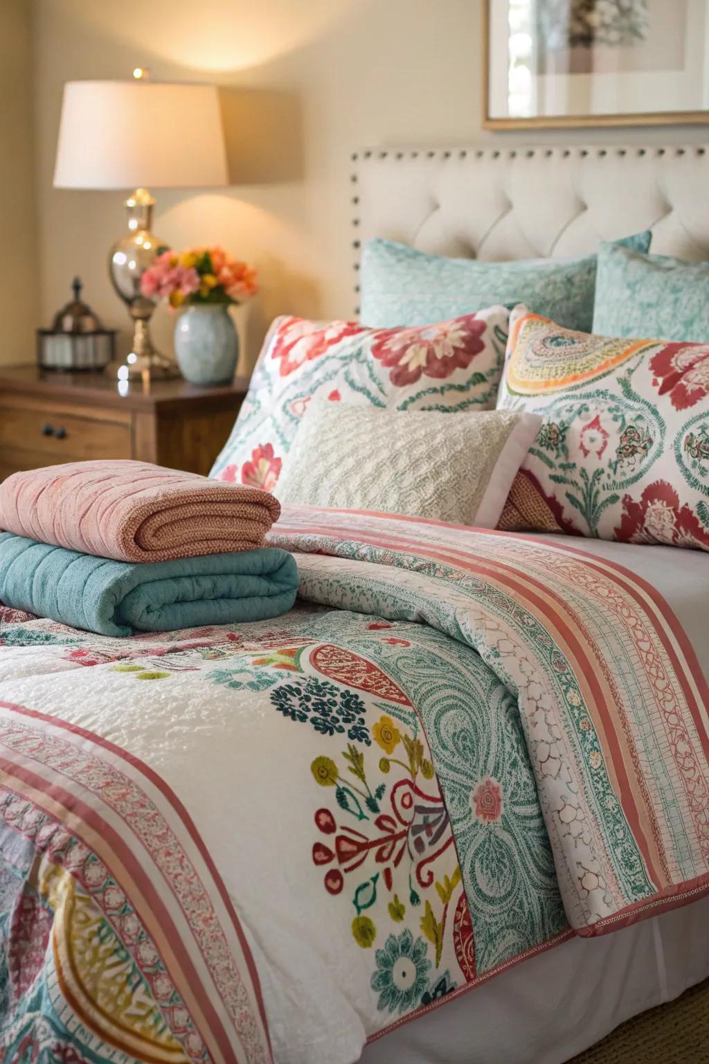 Multi-layered bedding introduces color and comfort to this restful area.