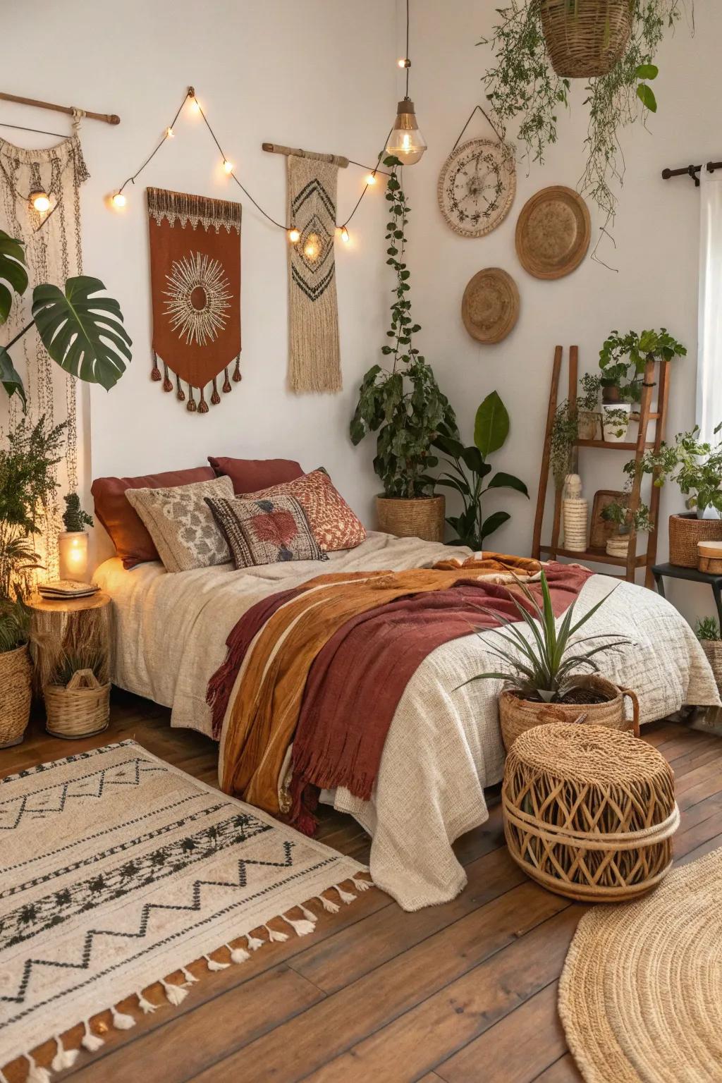 All sorts of cloths and plants make a chill, free spirit vibe in this bedroom.