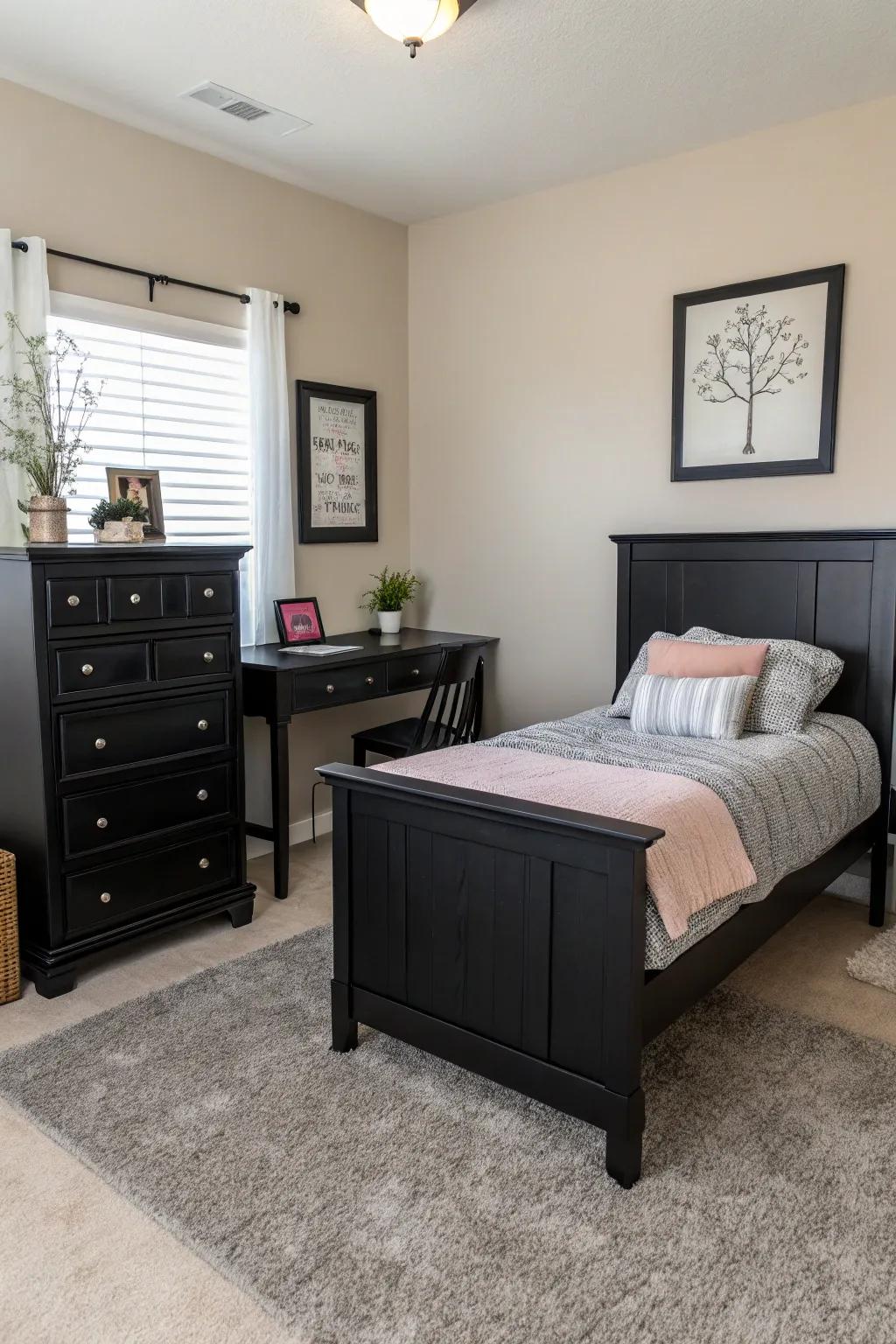 Minimalist design enhances the elegance of black furniture in a clutter-free space.