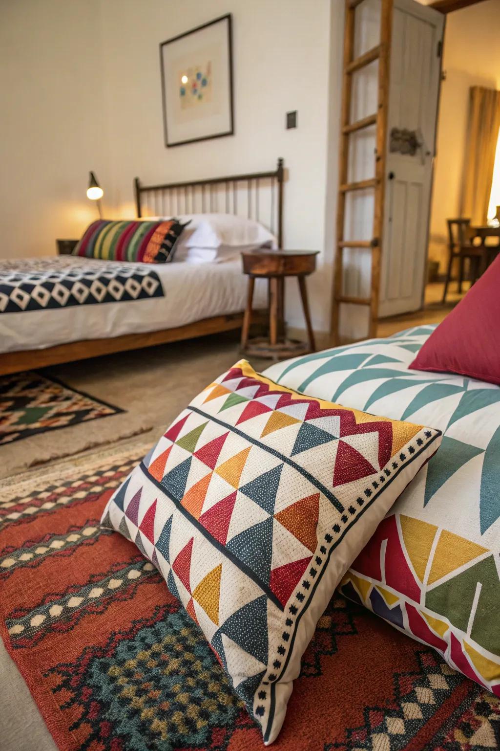 A bedroom energized by the playful use of patterns.