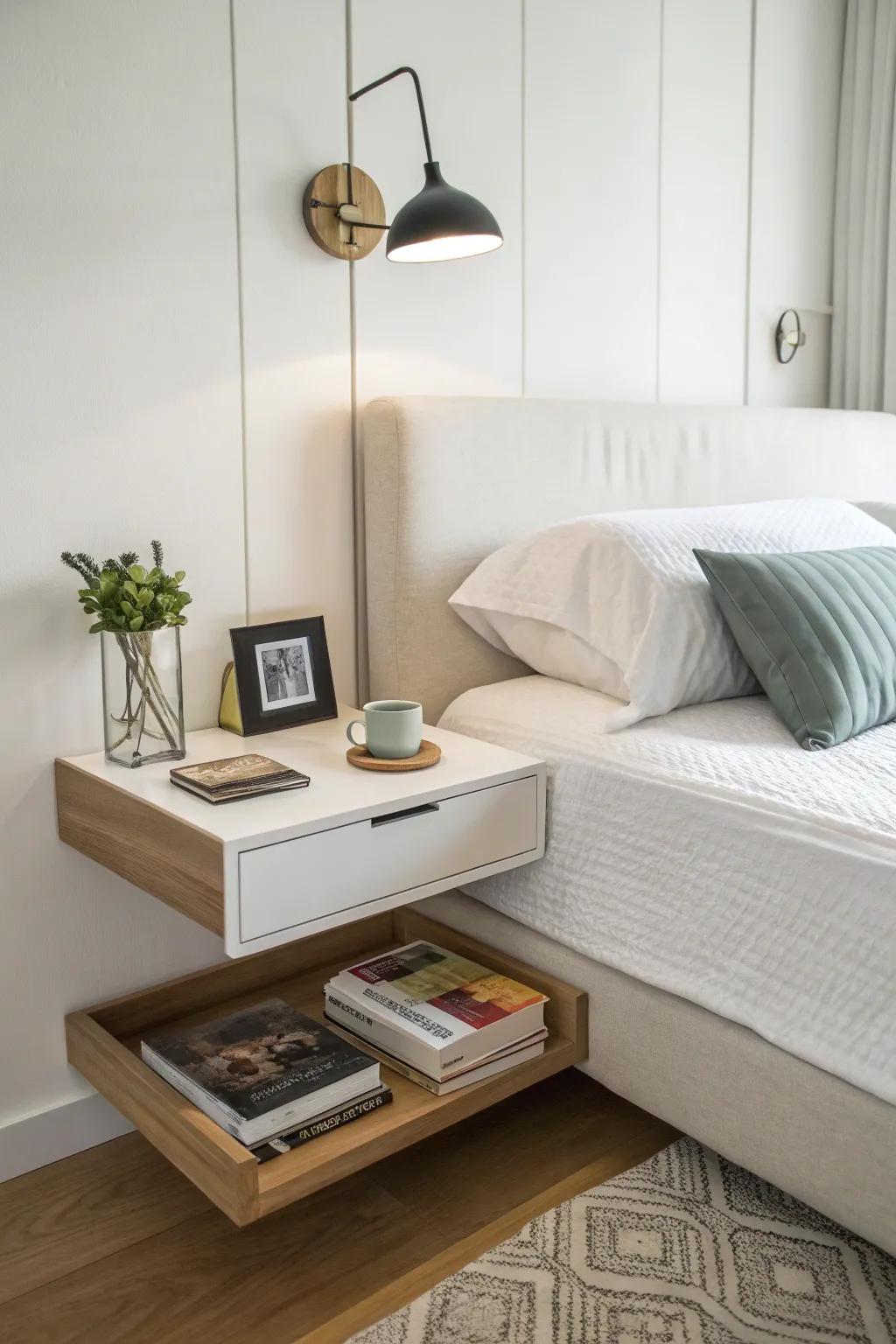 Floating shelves serve as a chic substitute for standard nightstands.