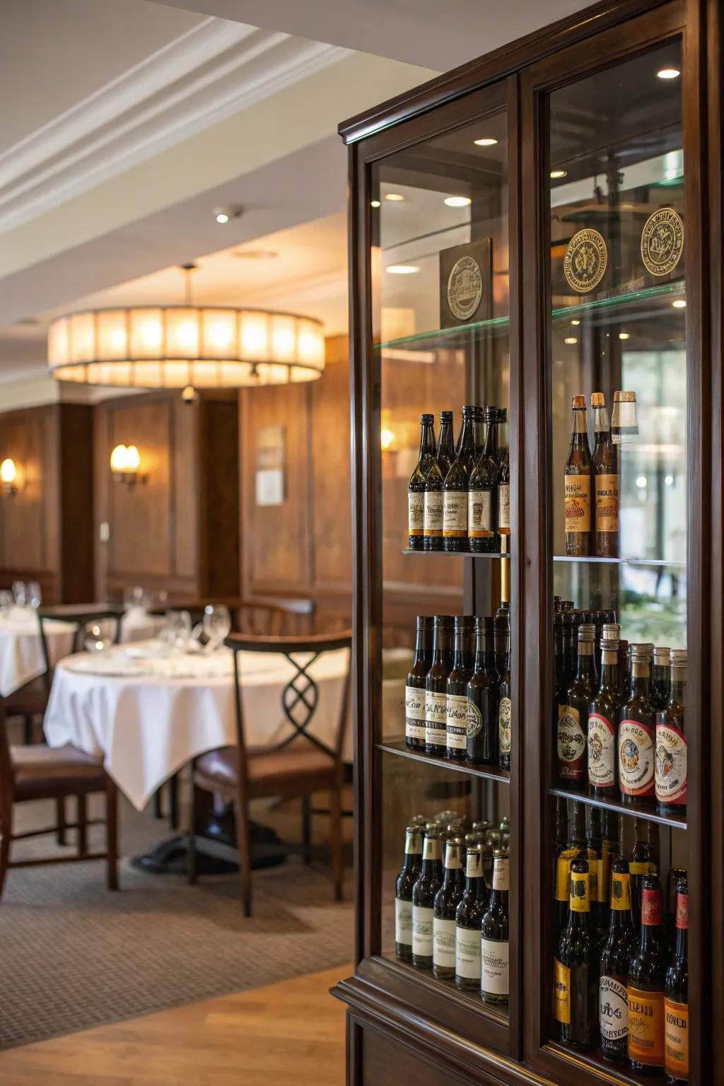 An elegant glass display case with brew bottles in a dining room.