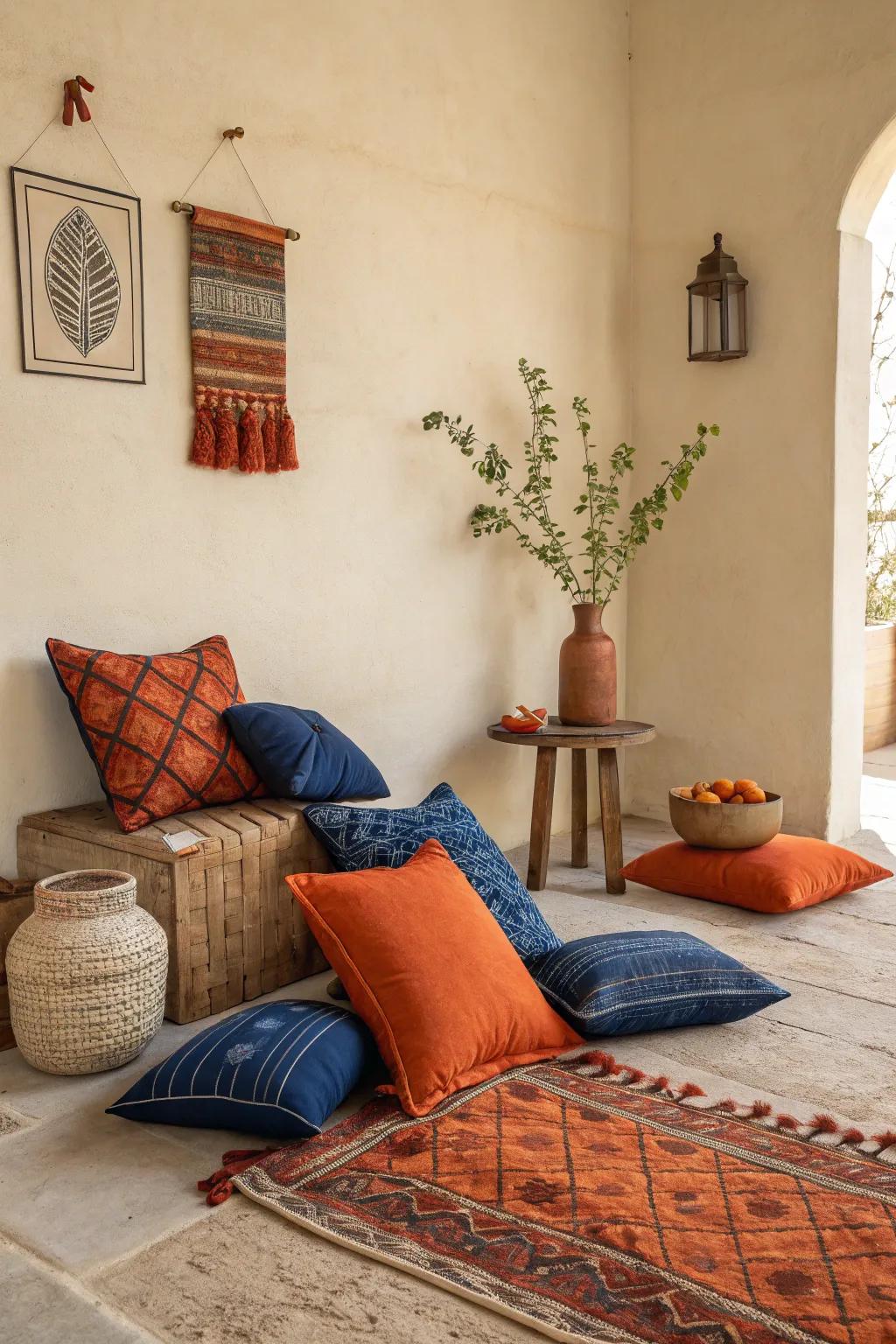 Vibrant hues create an exciting contrast within this beige area.