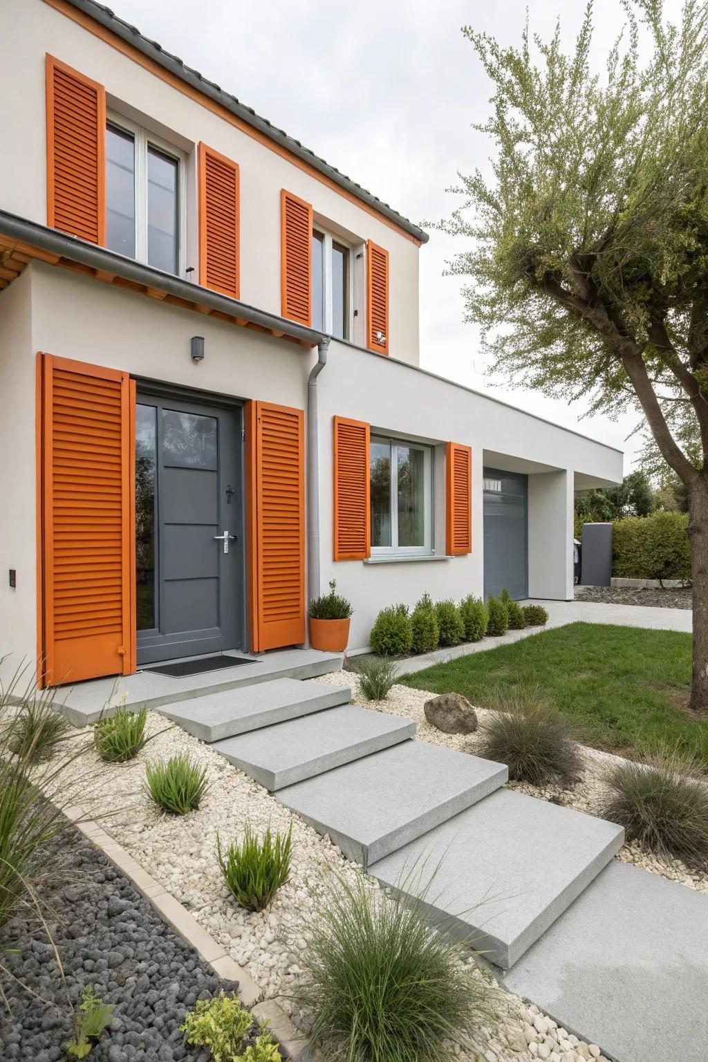 Vibrant coral and neutral stone create a lively, modern look.