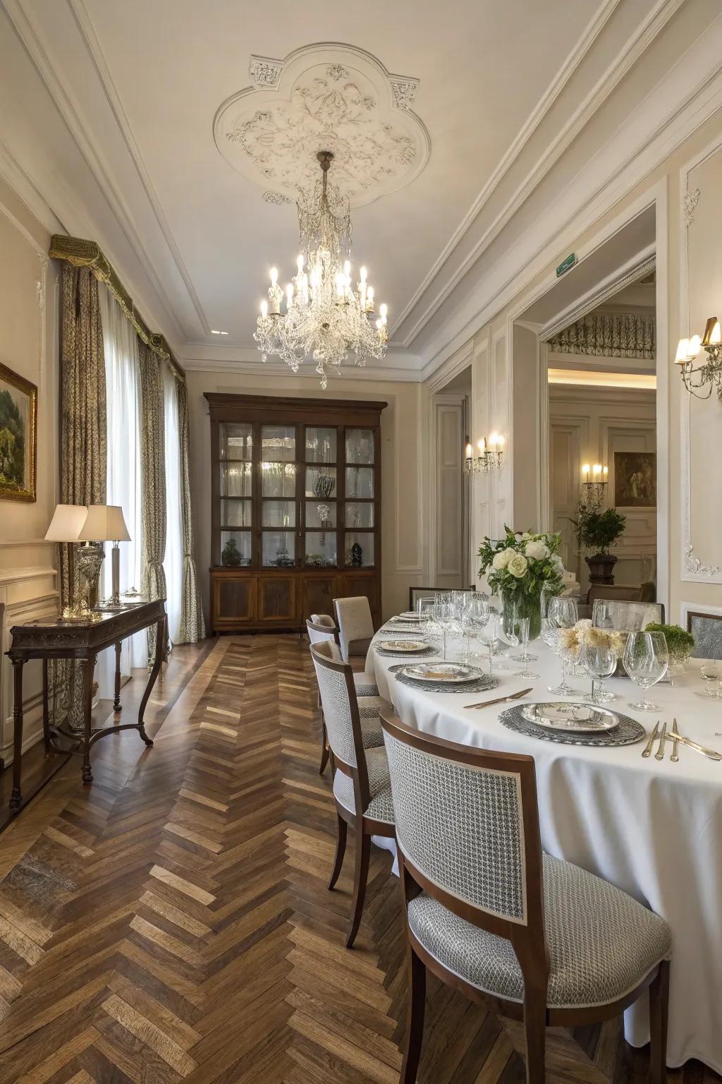 Herringbone wood flooring enhances the elegance and style of any space.