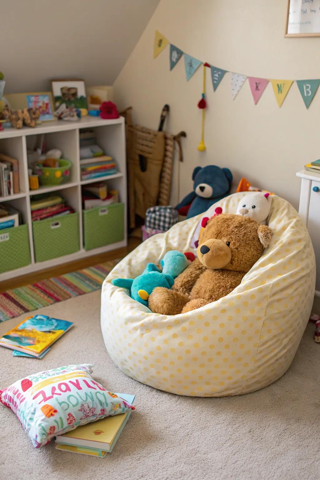 Bean bag chairs serve as both storage and lounging.