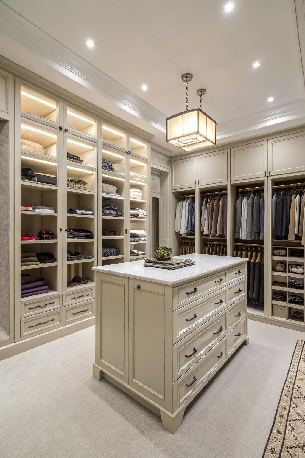 A roomy closet showcasing a central island designated for storage and display.