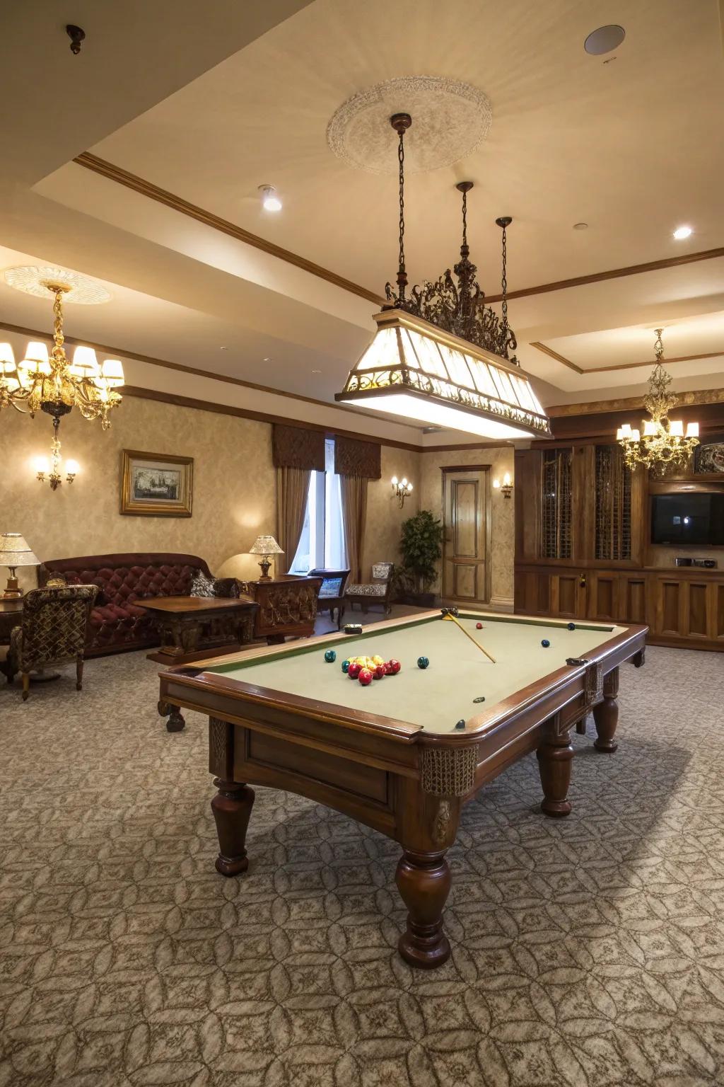 Plush carpeting augments coziness within your billiard hall.