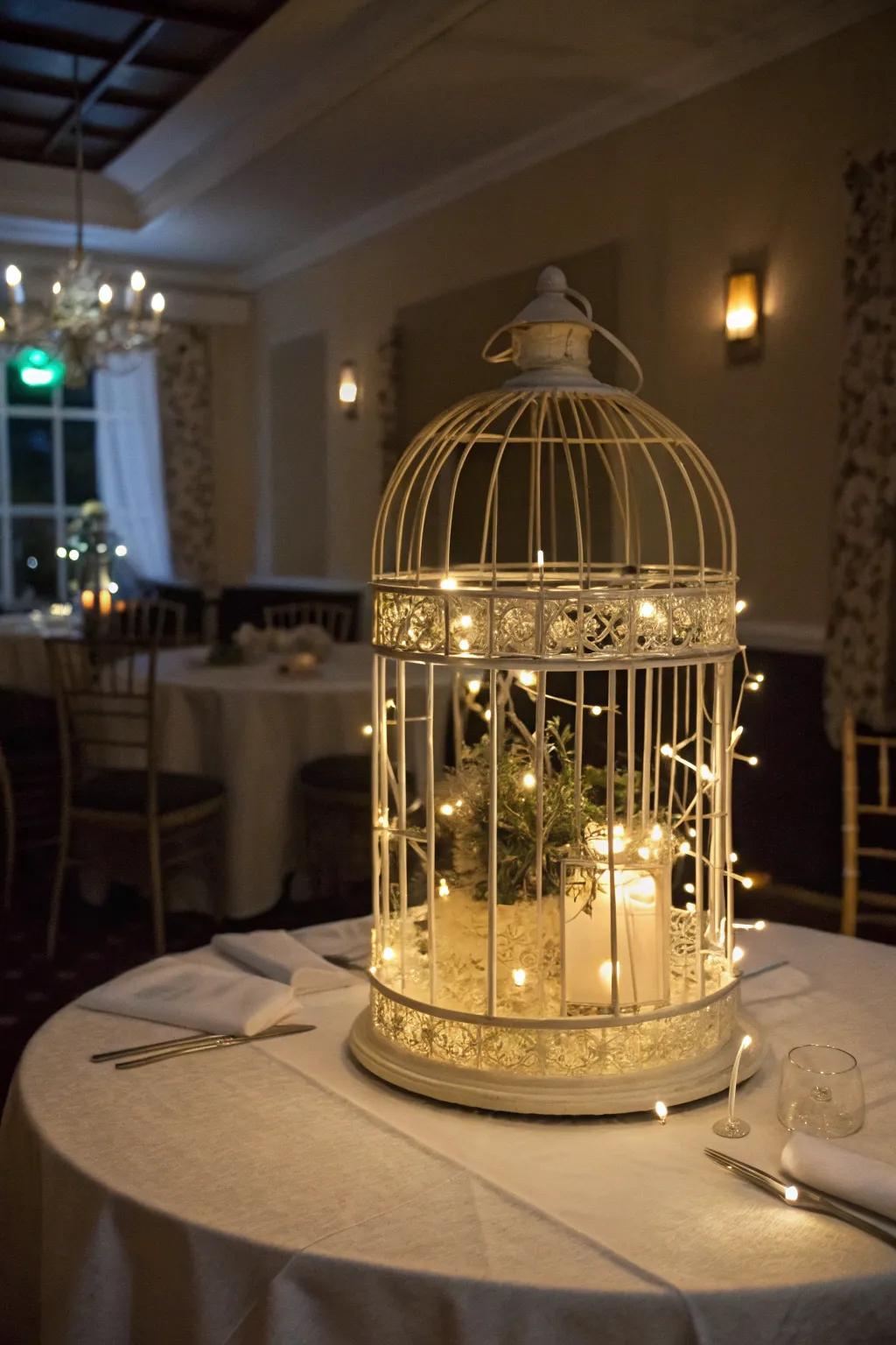 A whimsical <strong><em>bird enclosure</em></strong> centerpiece featuring twinkling fairy lights.” loading=”lazy” class=”pimg”>
	</picture><figcaption>A whimsical <strong><em>bird enclosure</em></strong> centerpiece featuring twinkling fairy lights.</figcaption></figure>
<p>Weave <strong>fairy lights</strong> through the bars of the <strong><em>bird enclosure</em></strong> to craft a magical, whimsical impression. This is one of my preferred methods for adding a twinkling highlight to any event.</p>
<h3>May just do the trick:</h3>
<ul class=