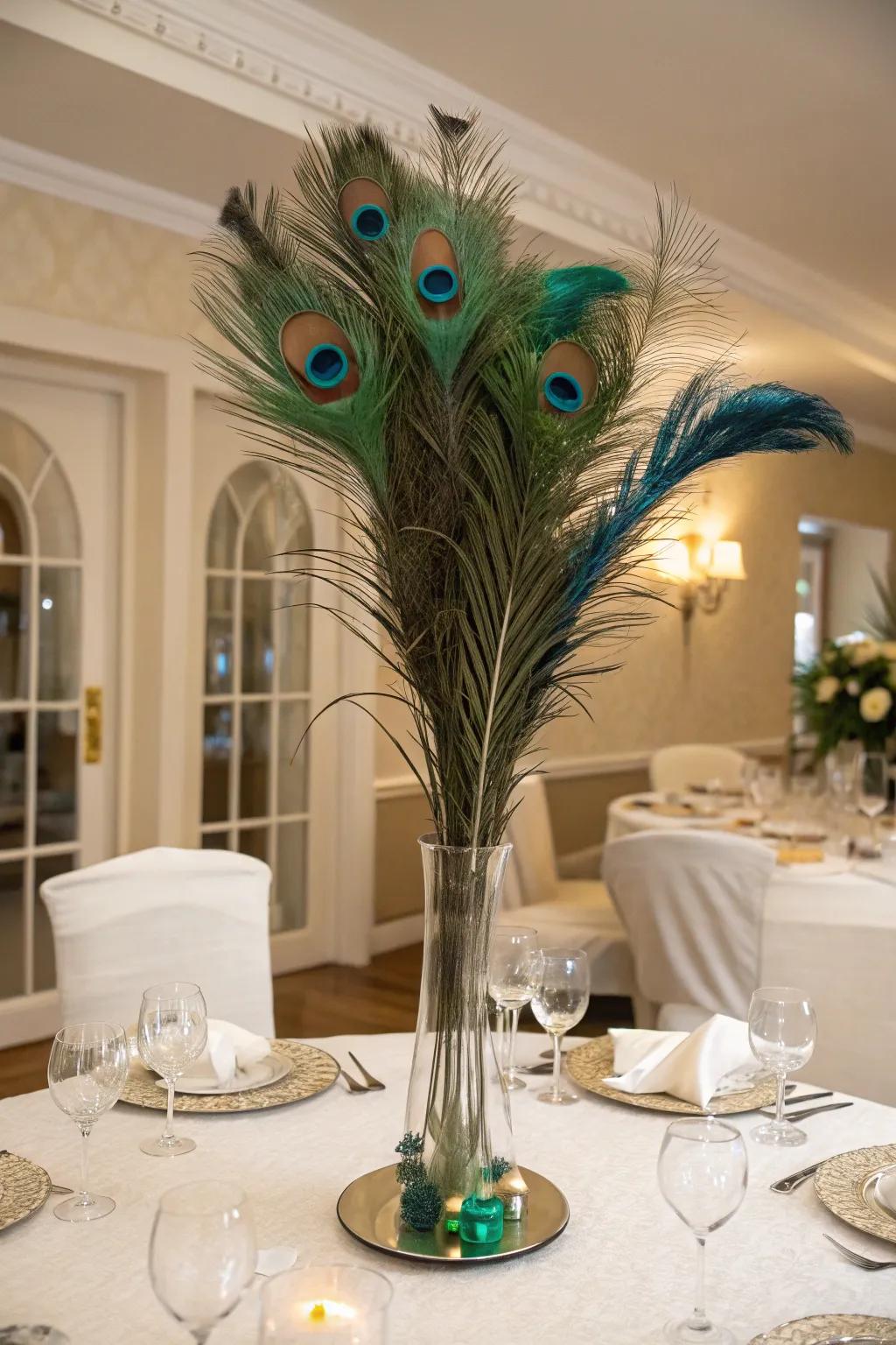 Peacock plumes bring lively elegance to a birthday centerpiece.