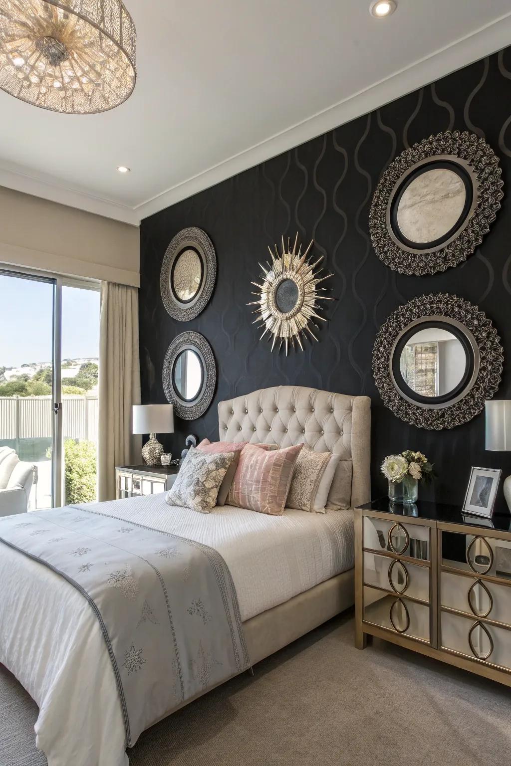 Mirrors reflect light and add a touch of glamour to a black accent wall.