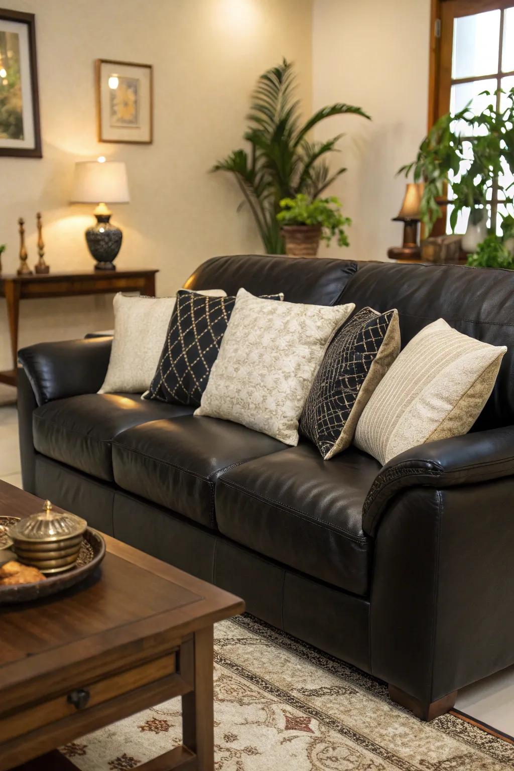 A mix of leather and silk textures enhances depth to the black and cream decor.