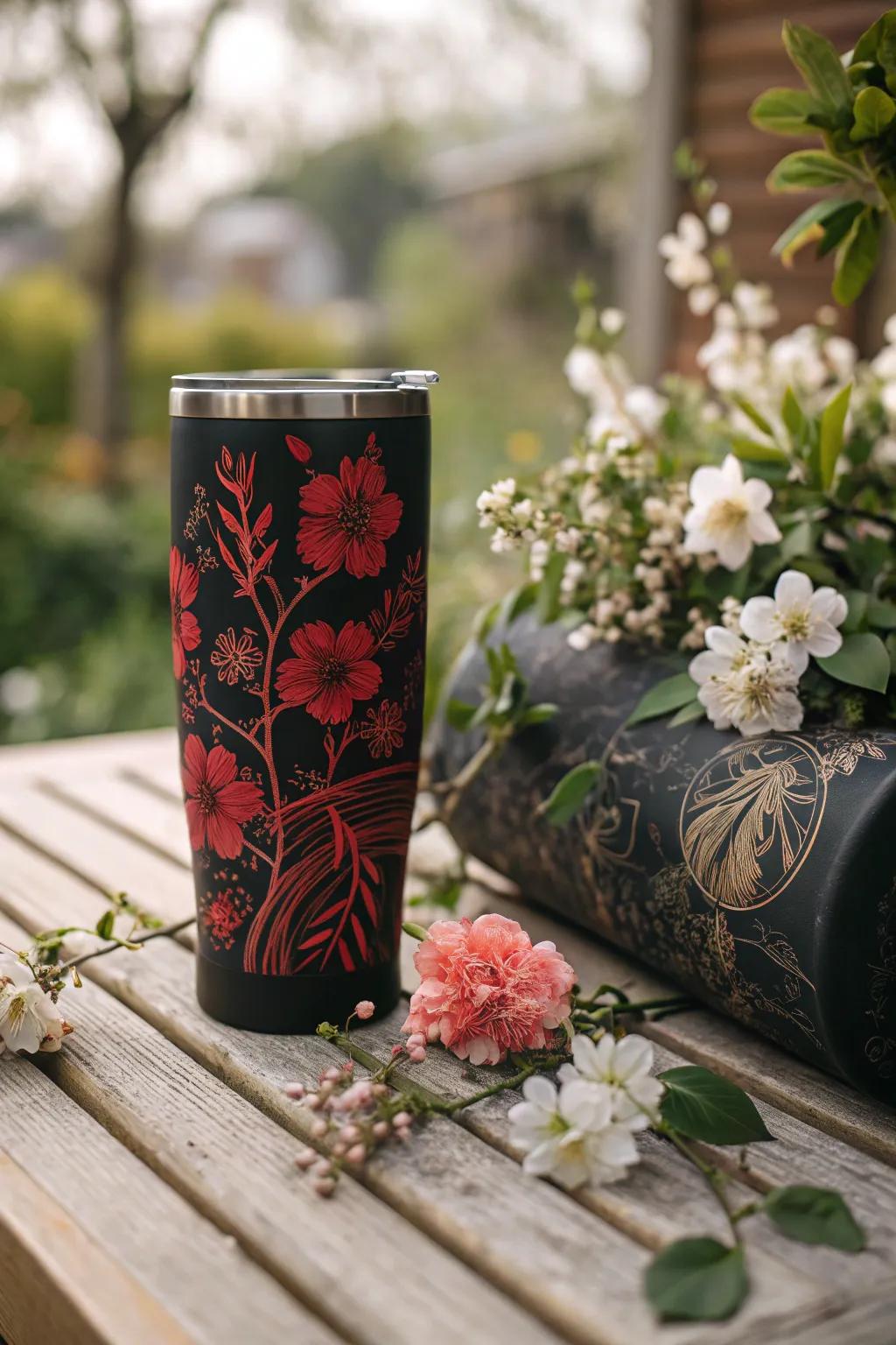Sophisticated floral patterns in black and red for nature lovers.