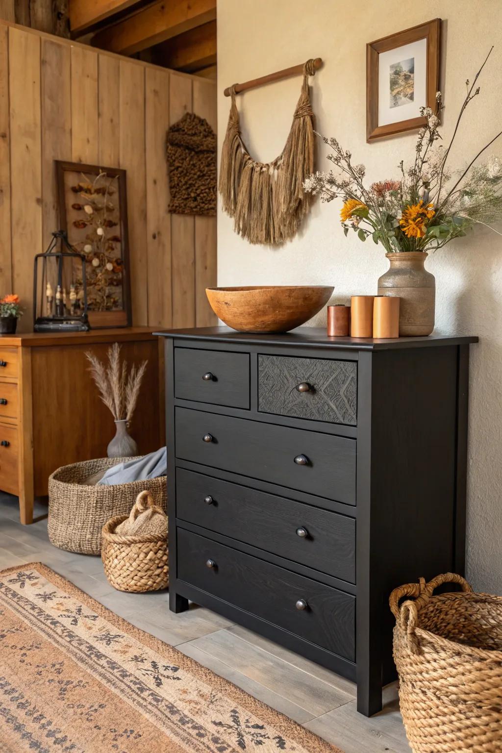 A rustic and elegant black dresser design featuring wooden features.