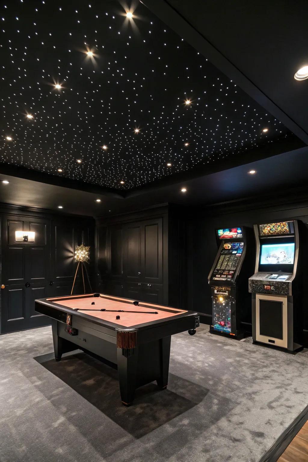 Unique accent features, like a starry ceiling, enhance the room's immersive quality.