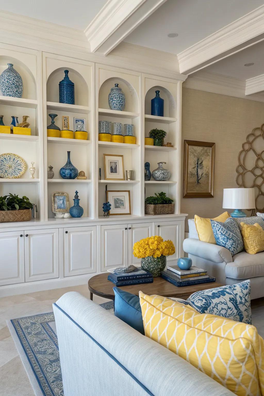Shelves styled with azure and gold accessories, imparting an elegant flair.