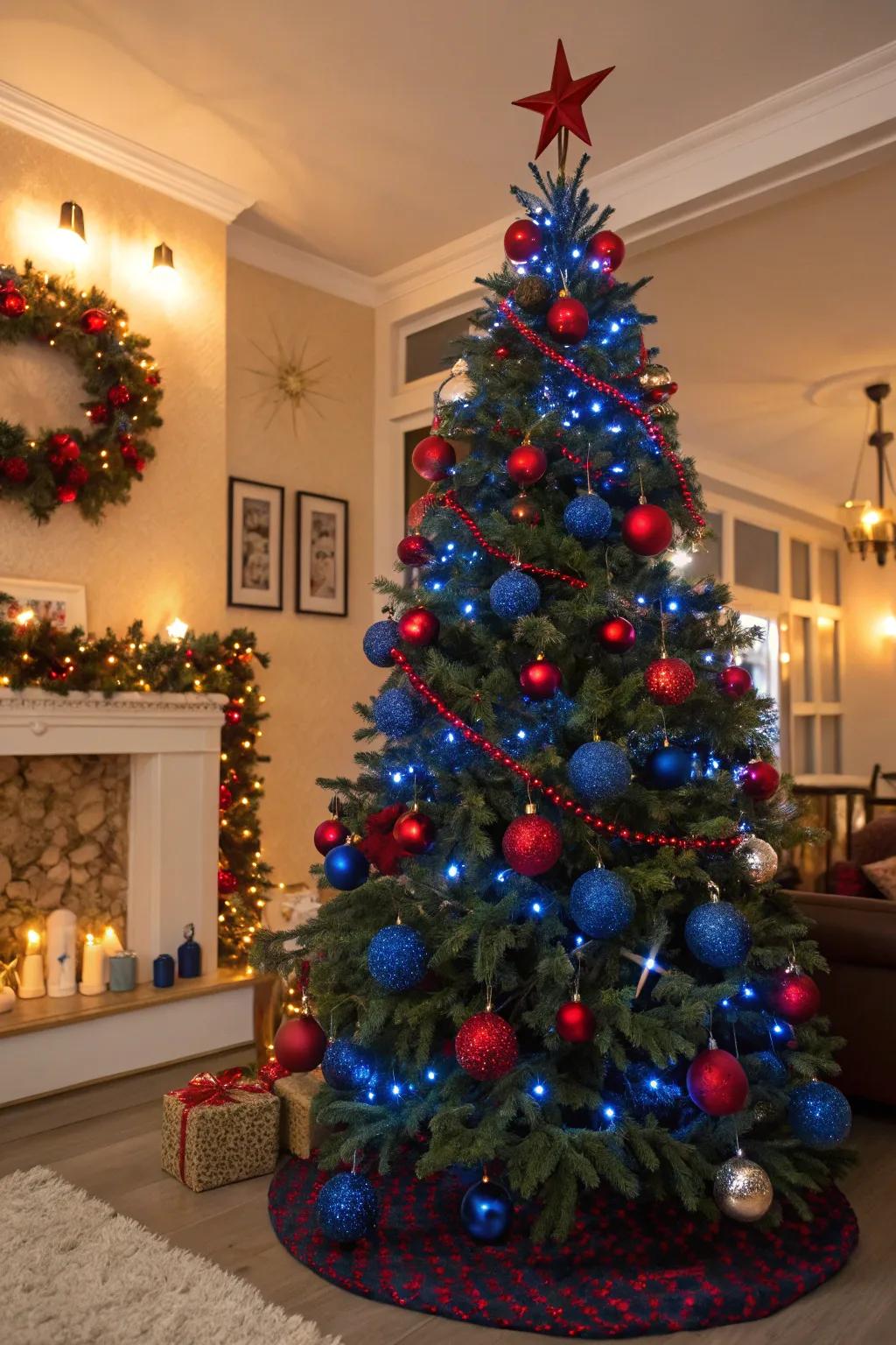 A bold and vibrant blue and crimson Christmas tree.