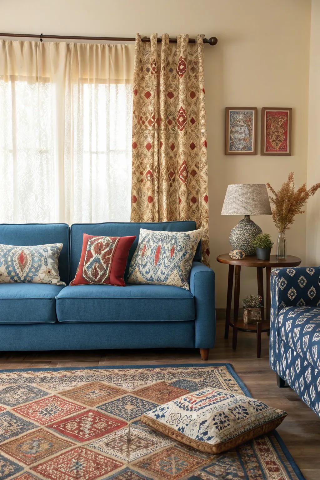 Ornate patterns infuse dynamic interest in a cerulean sofa arrangement.