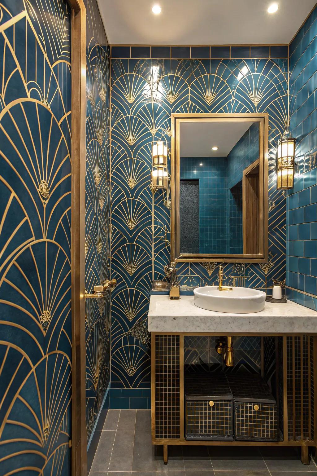 Art deco-stimulated tiles contribute a hint of vintage allure to your bathroom.
