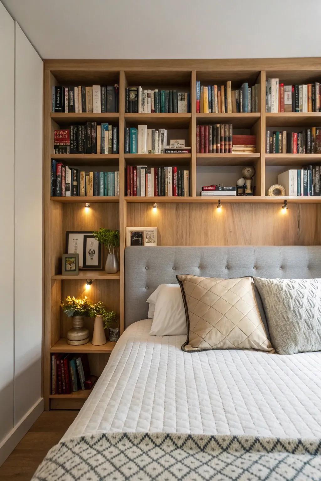 A clever headboard serving as a bookcase.