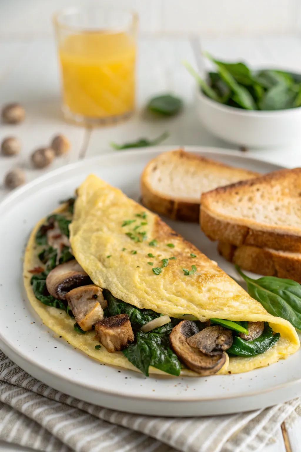 A classic omelet filled with fresh leafy greens and mushrooms.